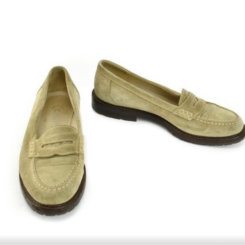 CHANEL: Beige, Leather & "CC" Logo Loafers/Flats